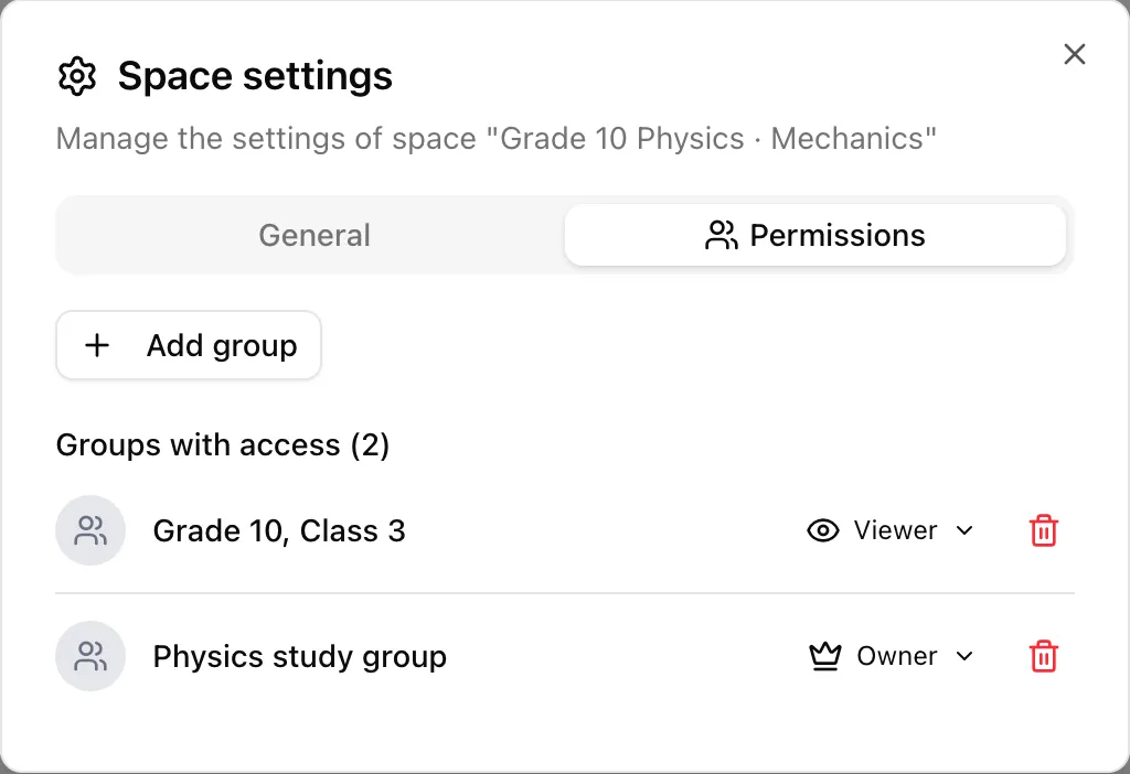 The "Permissions" tab in space settings: grant access to groups and manage existing grants