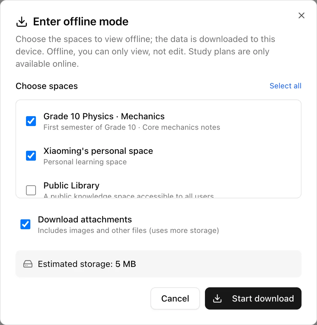 The "Enter offline mode" dialog: choose spaces, check the estimated size, and start downloading