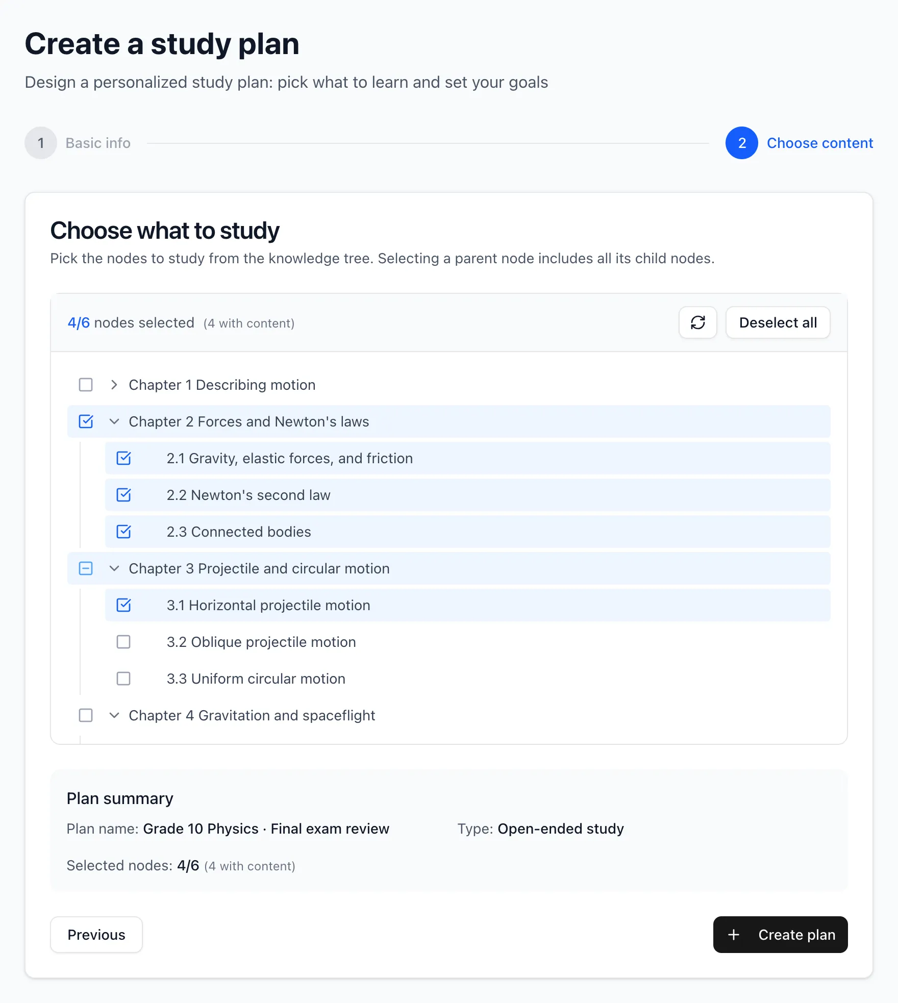 Create a plan: choose content