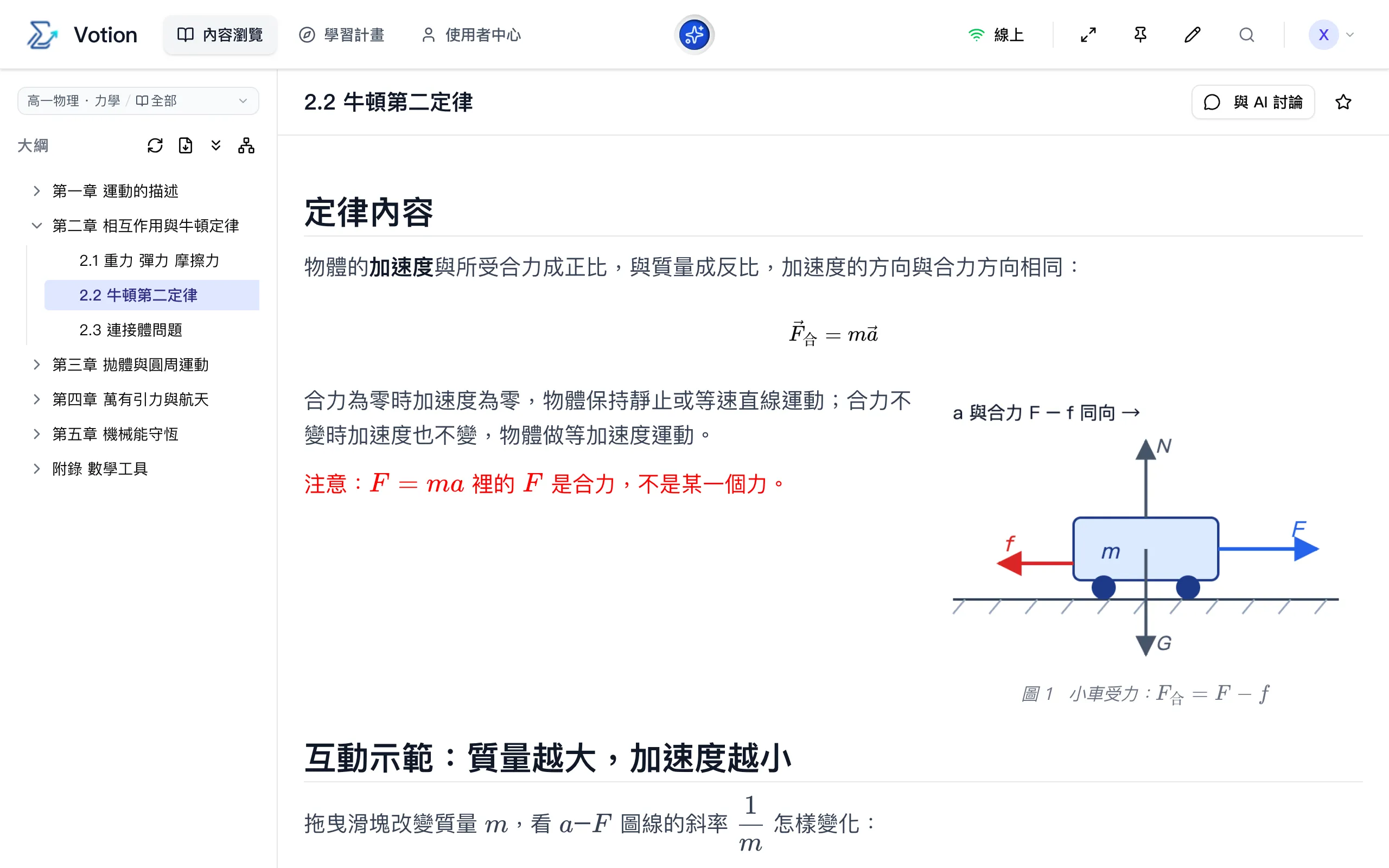 登入後的內容頁：頂欄在上，左欄是空間切換器和大綱，右邊是目前章節的內容